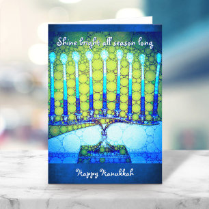 Blue Green Hanukkah Menorah Shine Bright Quote Holiday Card