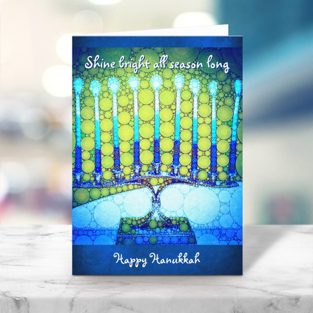 Blue Green Hanukkah Menorah Shine Bright Quote Holiday Card (Creator Uploaded)