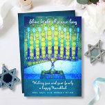 Blue Green Hanukkah Menorah Shine Bright Script Holiday Card<br><div class="desc">“Shine bright all season long.” A close-up photo illustration of a bright, colourful, blue artsy menorah helps you usher in the holiday of Hanukkah. Feel the warmth and joy of the holiday season whenever you send this stunning, colourful Hanukkah flat greeting card. Matching envelopes, stickers, tote bags, wrapping paper, serving...</div>