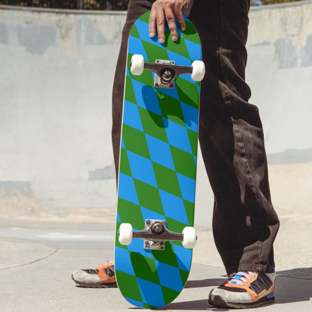 Blue Green Harlequin Checkered Design  Skateboard (Creator Uploaded)