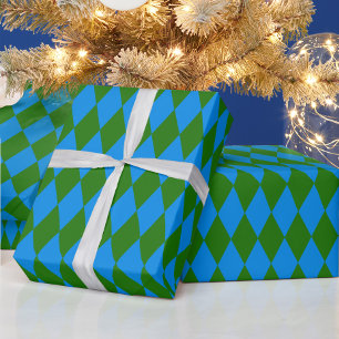 Blue Green Harlequin Checkered Design Wrapping Paper