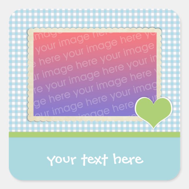 Blue Green Heart Gingham Photo Template Sticker (Front)