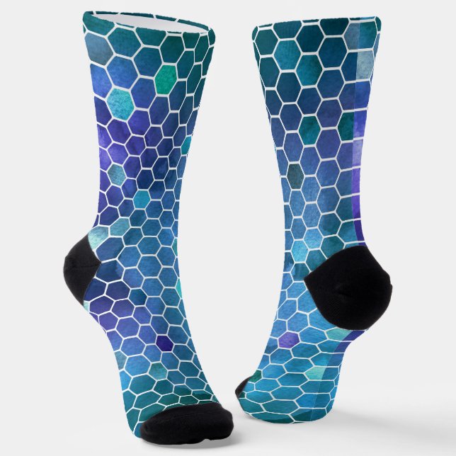 Blue Green Honeycomb Pattern Socks (Angled)