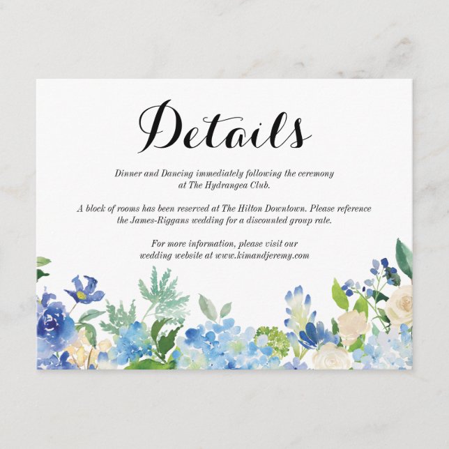 Blue Green Hydrangea Flower Wedding Details Card (Front)