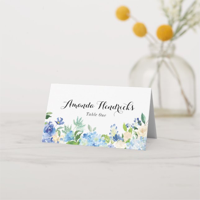 Blue Green Hydrangea Flower Wedding Escort Card (Front)