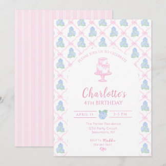 Blue Green Hydrangea Pink Bow Trellis Invitation