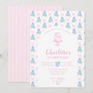 Blue Green Hydrangea Pink Bow Trellis Invitation