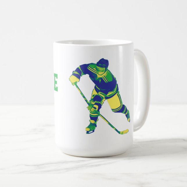 Blue & Green Ice Hockey Player, Personalised Mug (Front Right)