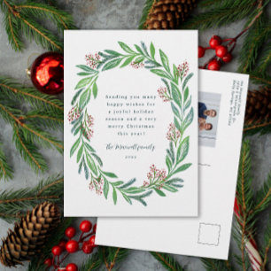 Blue Green Illustrated Floral Wreath Photo Holiday Postcard