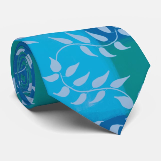 Blue Green Ivy Leaf Watercolor Tie (Rolled)