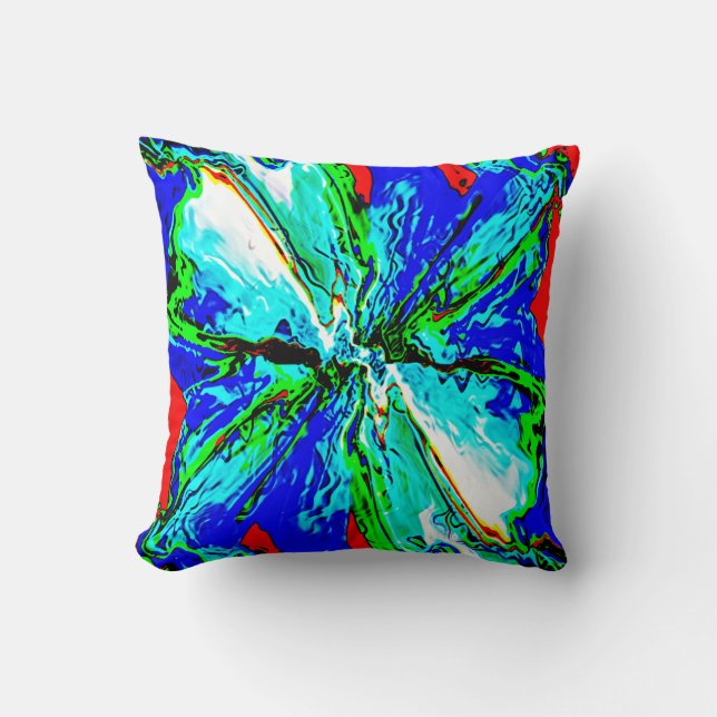 Blue Green Jewel Flower on Red Design Cushion (Front)