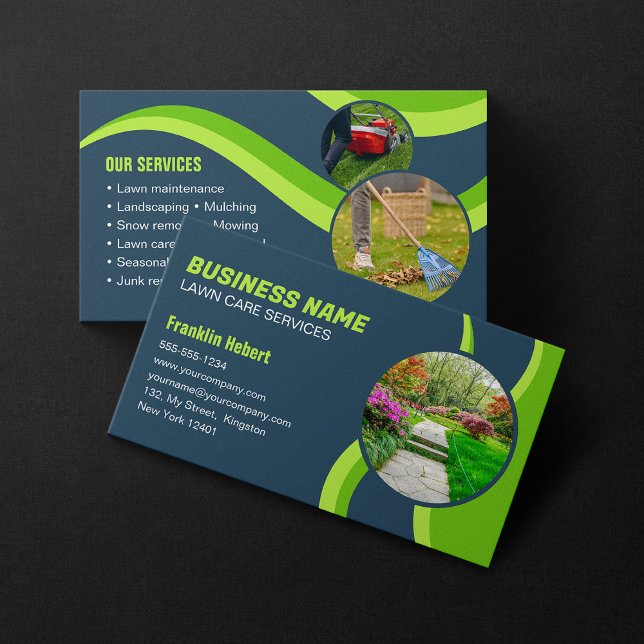 Blue Green Lawn Care Landscaping Mowing 3 Photo Business Card (Creator Uploaded)