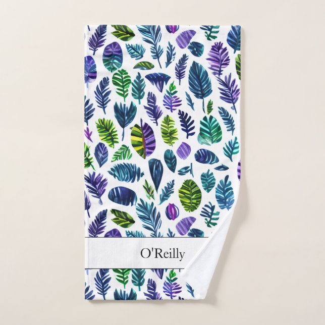Blue Green Leaf Modern Monogram Pickleball Towel (Hand Towel)