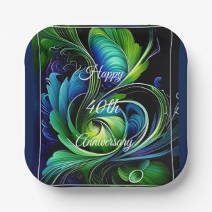 Blue Green Leafy abstract Happy Anniversary Paper Plate
