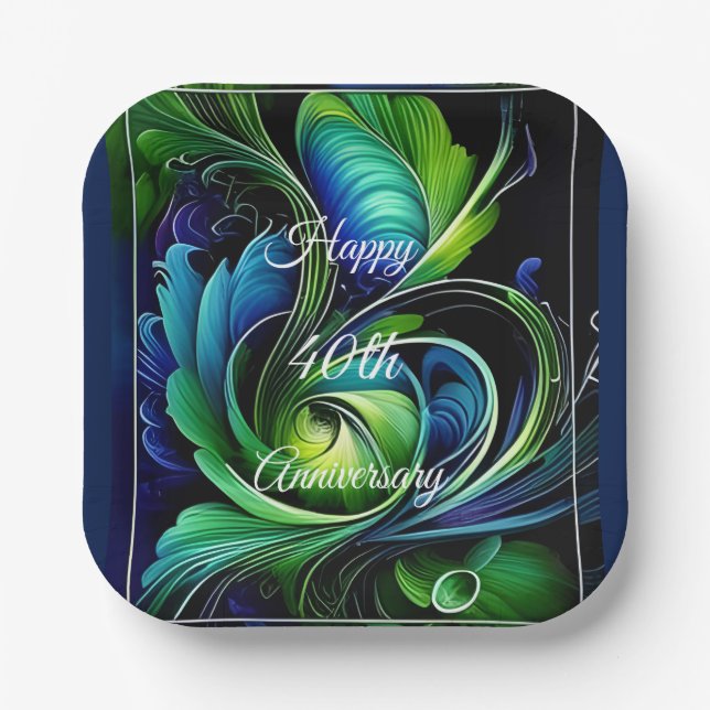 Blue Green Leafy abstract Happy Anniversary Paper Plate (Front)