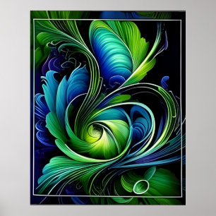 blue green leafy abstract poster