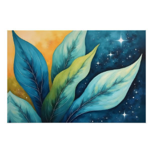 Blue Green Leaves Golden Sun and Stars Poster