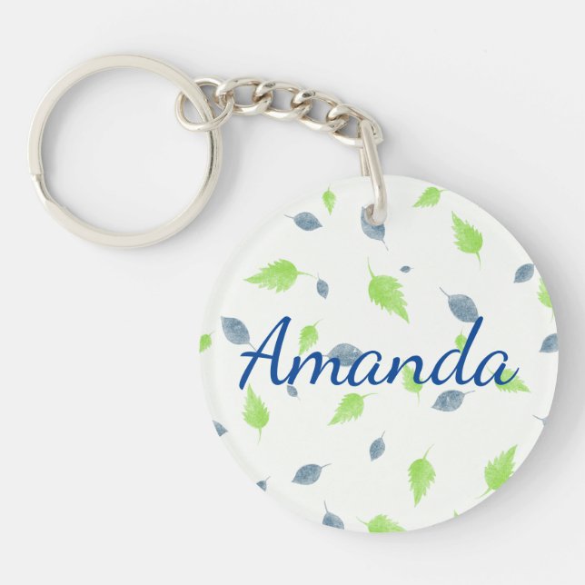 Blue & Green Leaves Pattern  Key Ring (Front)