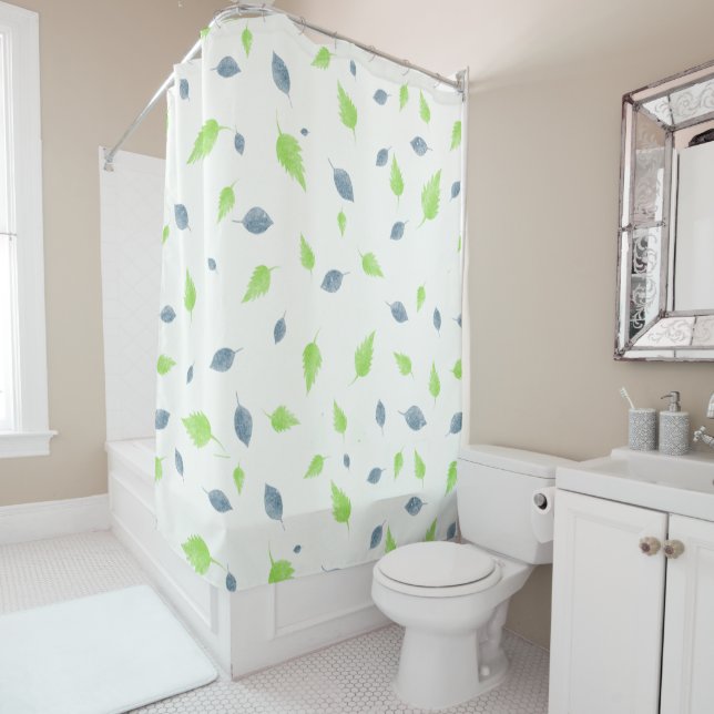 Blue & Green Leaves Pattern  Shower Curtain (In Situ)