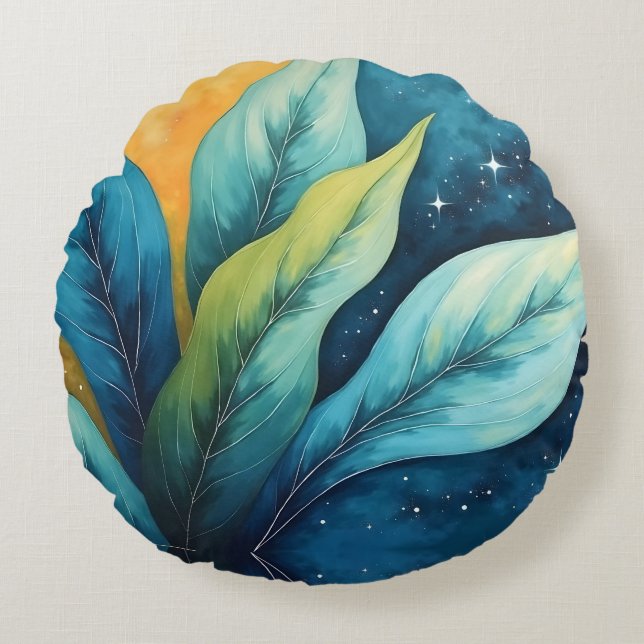 Blue Green Leaves Sun and Stars Round Cushion (Front)