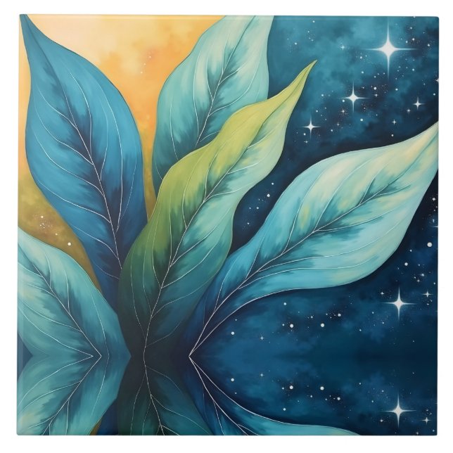 Blue Green Leaves Sun and Stars Tile (Front)