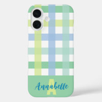 Blue Green Lime Pastel Gingham Pattern Monogram