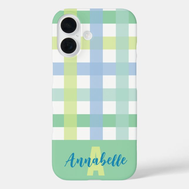 Blue Green Lime Pastel Gingham Pattern Monogram Case-Mate iPhone Case (Back)