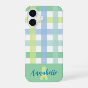 Blue Green Lime Pastel Gingham Pattern Monogram iPhone 16 Case