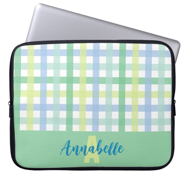 Blue Green Lime Pastel Gingham Pattern Monogram Laptop Sleeve (Front)