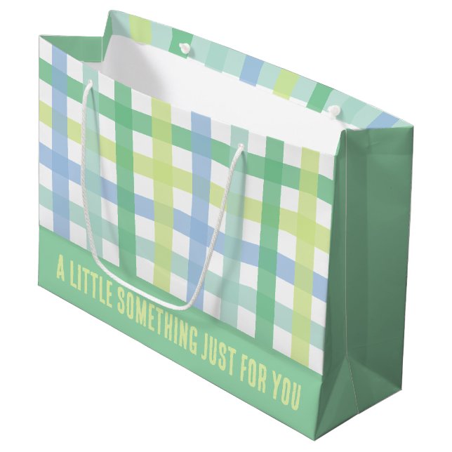 Blue Green Lime Pastel Modern Gingham Pattern Large Gift Bag (Front Angled)