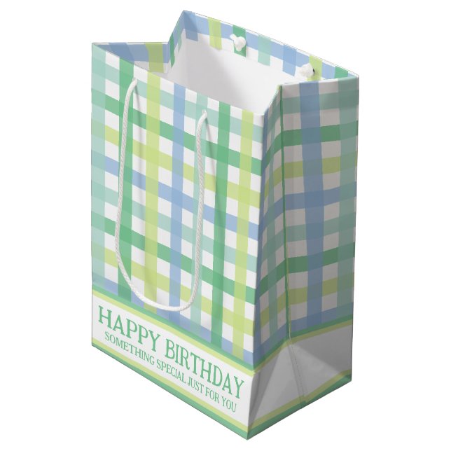Blue Green Lime Pastel Modern Gingham Pattern Medium Gift Bag (Front Angled)