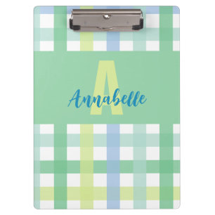 Blue Green Lime Pastel Monogram Gingham Pattern Clipboard