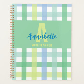 Blue Green Lime Pastel Monogram Gingham Pattern  Planner