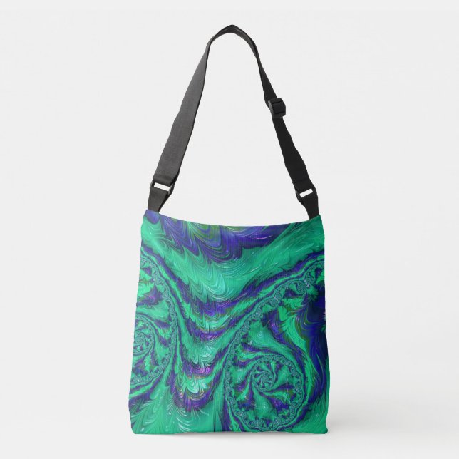 Blue Green Liquid Fractal Stripe Shoulder Bag (Front)