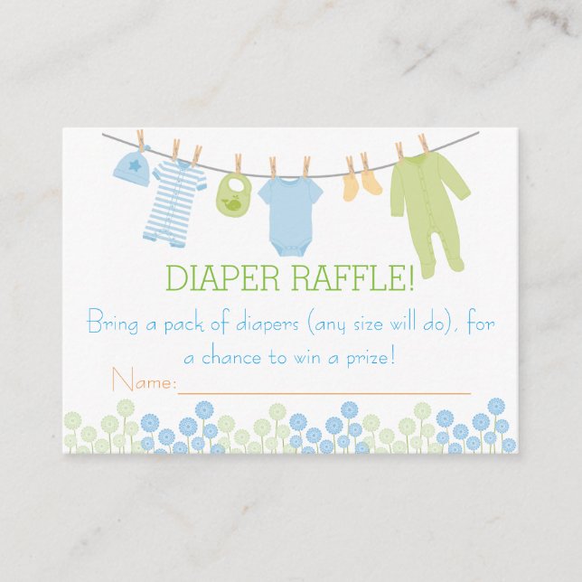 Blue & Green Little Clothes Diaper Raffle Tickets Enclosure Card (Front)