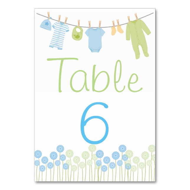 Blue & Green Little Clothes Shower Table Card (Front)