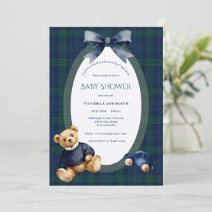 Blue & Green Little Gentleman Bear Vintage Boy Invitation