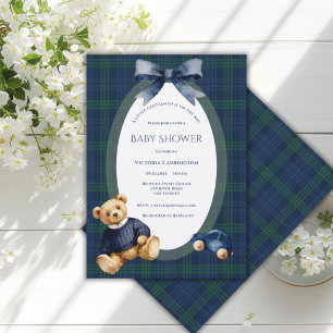 Blue & Green Little Gentleman Bear Vintage Boy Invitation