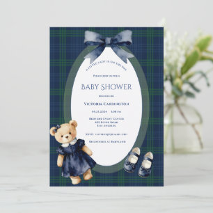 Blue & Green Little Lady Floral Bear Vintage Girl Invitation