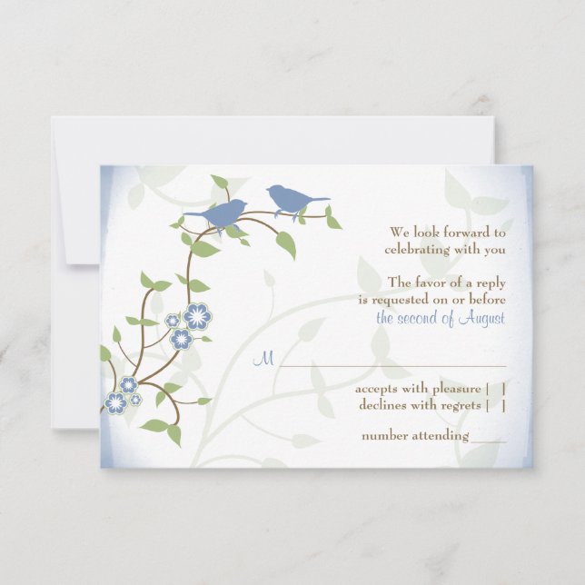 Blue Green Lovebirds Wedding RSVP Reply Card (Front)
