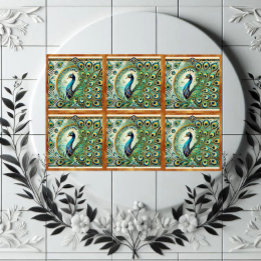 Blue Green Majestic Peacock Golden Feathers Motif Tile