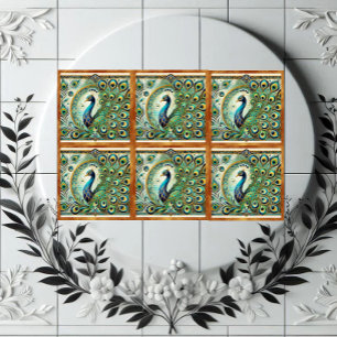 Blue Green Majestic Peacock Golden Feathers Motif  Tile
