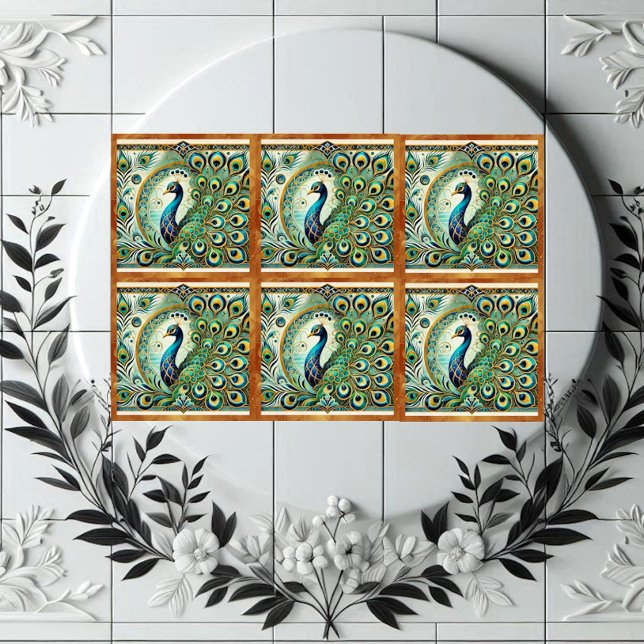 Blue Green Majestic Peacock Golden Feathers Motif  Tile (Blue Green Majestic Peacock Golden Feathers Motif Ceramic Tile)