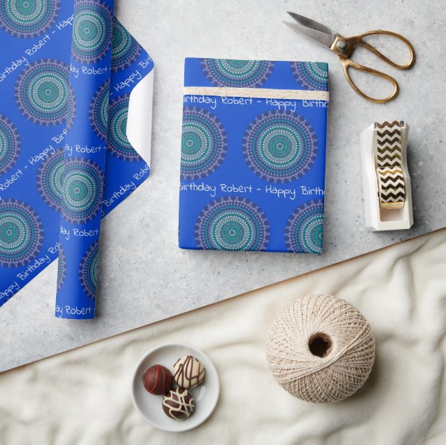 Blue & Green Mandala Personalise Name Wrapping Paper (Crafts)