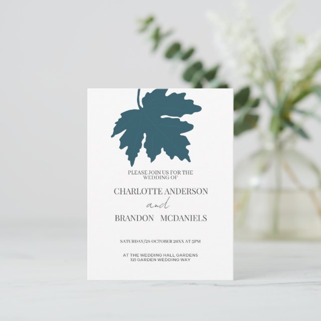Blue Green  Maple Leaf Wedding Invitation Postcard (Standing Front)