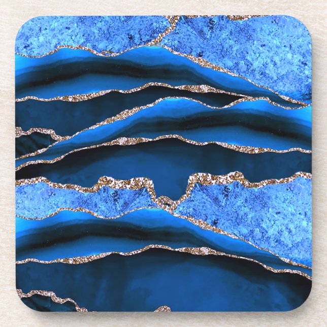 BLUE GREEN MARBLE AGATE GOLD GLITTER GLAM COASTER (Front)