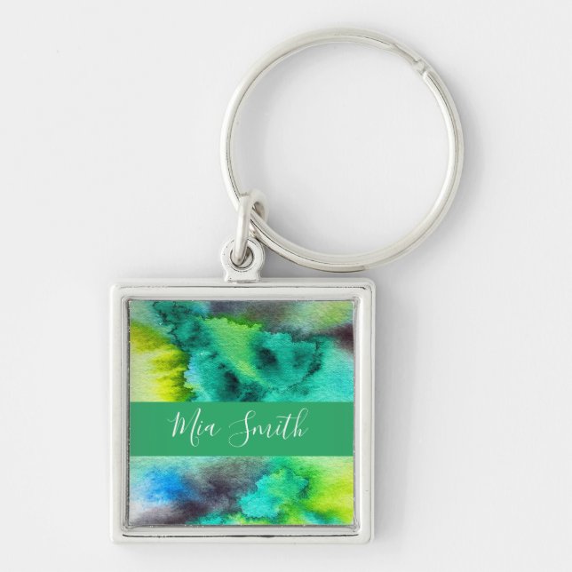 Blue Green marble watercolor art Key Ring (Front)