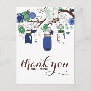 BLUE & GREEN MASON JARS WEDDING THANK YOU POSTCARD