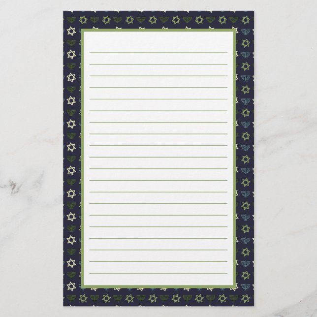 Blue Green Menorah and Star of David Pattern Stationery (Front)