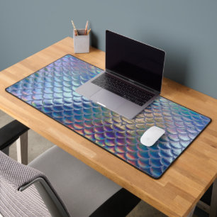 Blue Green Mermaid Fish Scales Holographic Trendy Desk Mat